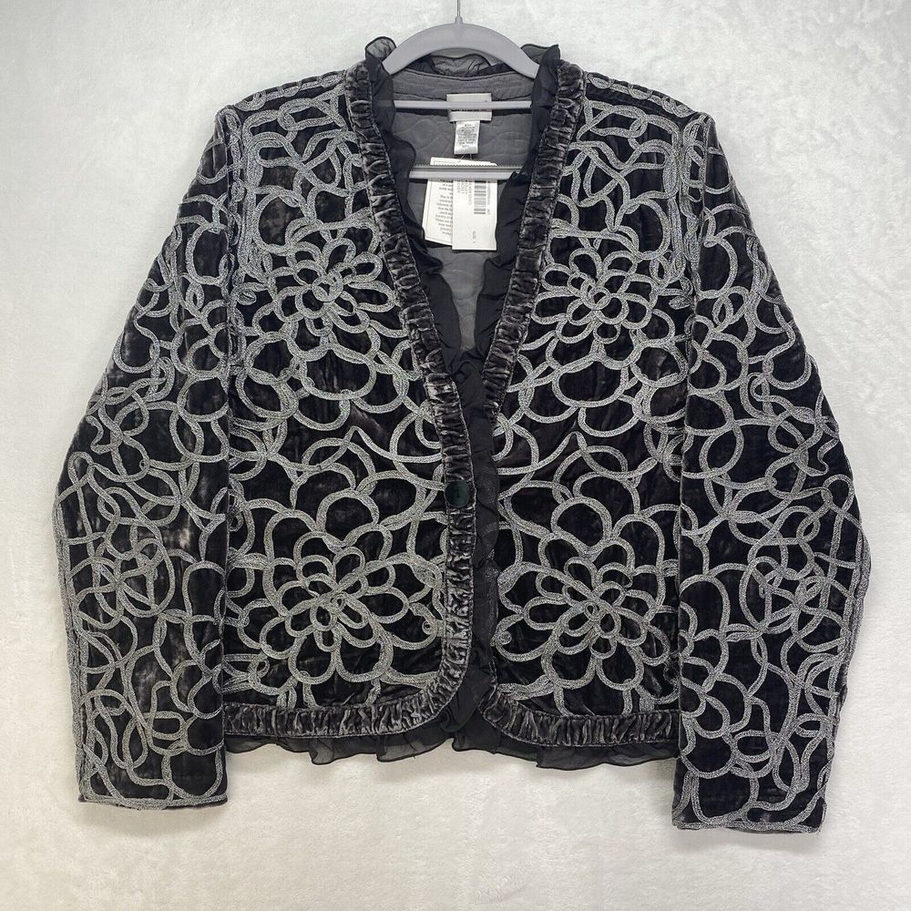 Chicos Jacket Womens 1 Medium Black Gray Swirl Button Front Lacey Art to Wear